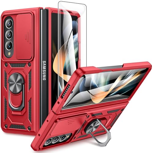 VEGO for Samsung Galaxy Z Fold 4 Case with Separate Screen Protector & Slide Lens Cover Built-in 360° Rotate Ring Kickstand Cover Case for Samsung Galaxy Z Fold 4 5G 2022 - Red