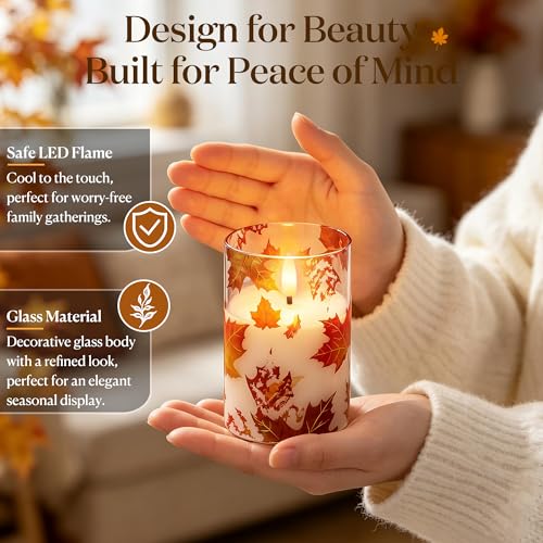 Image of JOIONE Fall Flameless Glass Candles, 3 Pack Maple Leaf LED with Remote