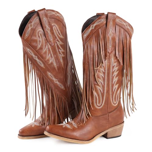 FancyQueen Cowboy Boots for Women Knee High Fringe Cowgirl Western Boots Embroidered Wide Calf Pointed Toe Pull On Chunky Heel for Country Concert Outfits