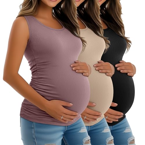 Riyiper 3 Pack Women's Maternity Tank Tops, Sleeveless Cotton Pregnancy Shirts Ribbed Knit Sides Ruched Basic Mama Clothes