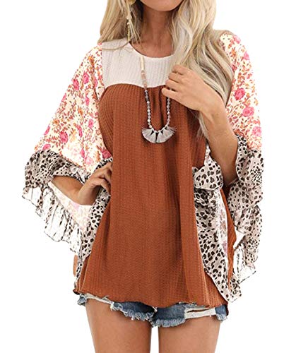 CASURESS Womens Floral Printed 3 4 Sleeve Shirt Batwing Loose Tops Blouses Pullover