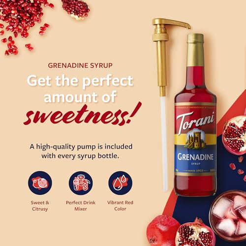 Image of Torani Grenadine Syrup for Drinks, Flavoring for Sodas, Cocktails, and Mocktails, Pump Included, 25.4 Oz