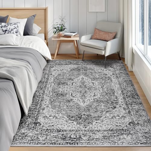 Lofus 5x7 Area Rugs for Living Room, Washable Area Rug, Rugs for Bedroom, Kitchen, Vintage Boho Carpet, Soft Non-Slip, Low Pile Large Area Rug for Office Dining Room, Vintage Dark Grey