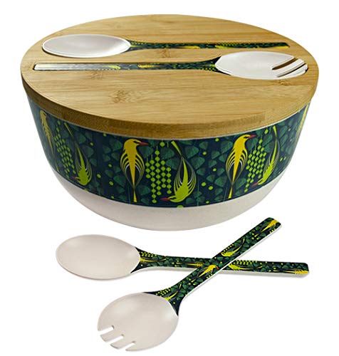 Bamboo Fiber Salad Bowl Large Capacity Salad Bowl Set With 2 Wooden Spoons and Multifunctional Wooden Cover Beautiful Bird Pattern