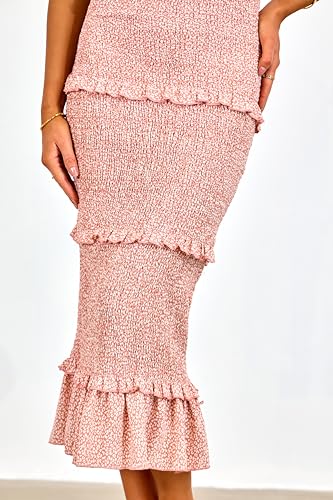Image of dowerme Women Summer Casual Floral Midi Smocked Bodycon Dresses Spaghetti Strap Square Neck Ruffle Mermaid Prom Dress