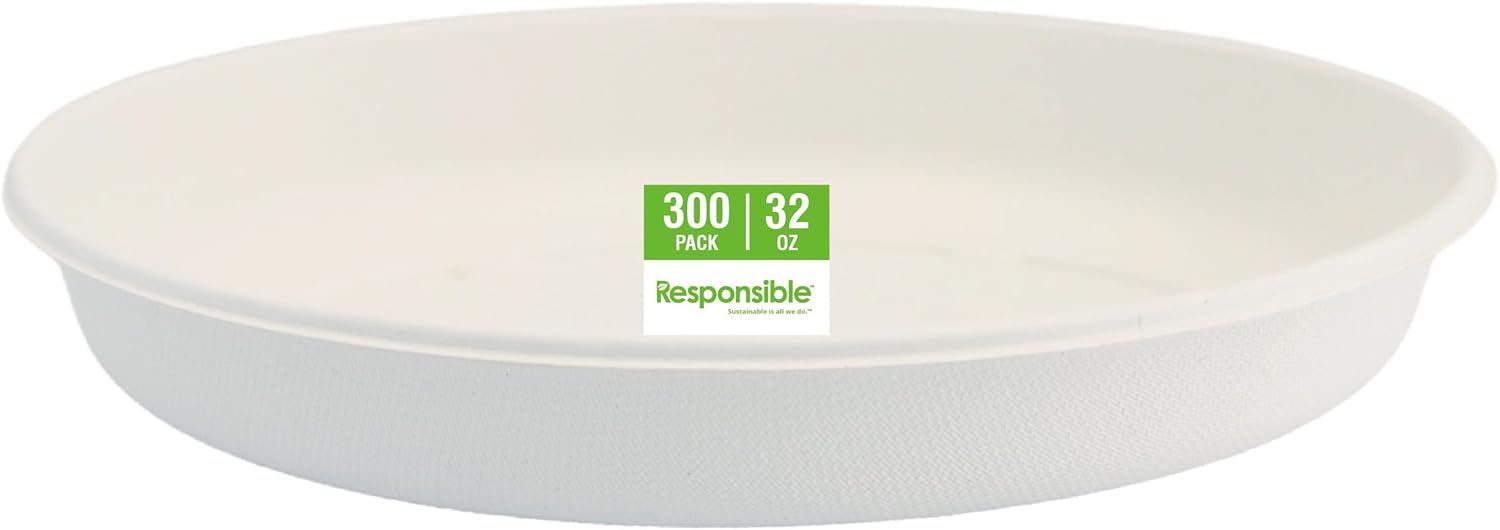 Responsible Products 20 oz Oval Disposable Bowls I Tree-Less™ Compostable Molded Fiber Burrito Bowls I Extra Strength I NO-PFAS I Classic White (300 Count)