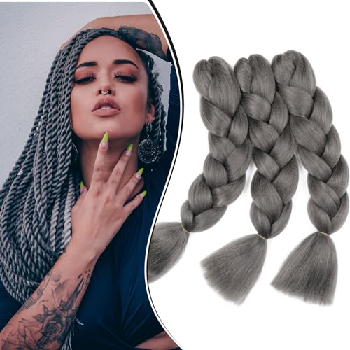 Gairyan 60cm Extensiones de Pelo Trenzas Africanas Gris Oscuro Extensiones para Trenzas Africanas 3 pcs 300g Kanekalon Pelo para Trenzas Africanas Sintetico Extensiones de Trenzado Cabello Braiding