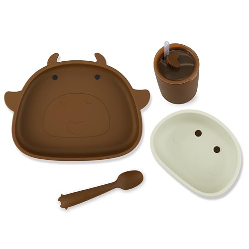 CranEden Juego de vajilla de silicona para niños pequeños, plato de ventosa, cuenco, taza con tapa y pajilla, juego completo de cuchara, apto para