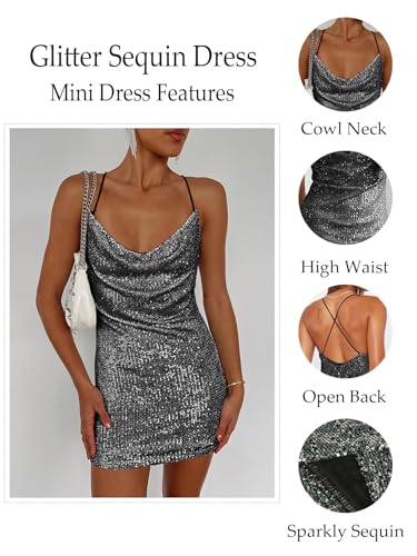 Image of MIYIEONZ Women's Sequin Sparkly Glitter Dress Sexy Sleeveless Backless Spaghetti Strap Party Club Bodycon Mini Dress