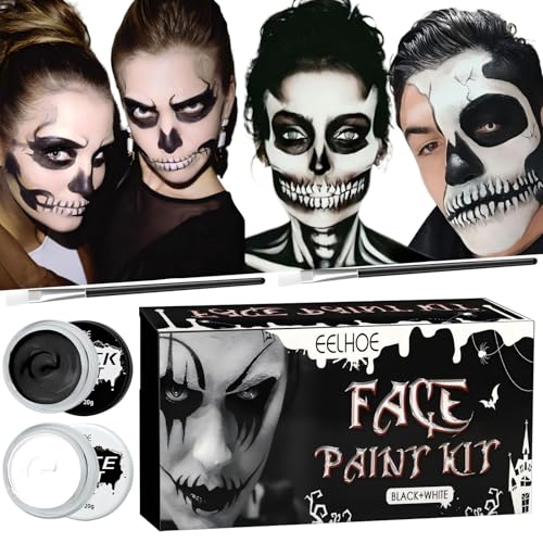 ZZQVIP Maquilhagem de Halloween para crianças e adultos, pintura de rosto Halloween em cores brancas e pretas, kit de pinturas rosto com pincéis, para maquilhagem pinturas de vampiros, zombies e