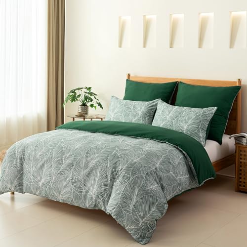 Image of Lekesky Emerald Green Duvet Cover King Size, Reversible King Comforter Cover with Tropical Leaves Pattern, Soft 100% Washed Microfiber 3 Pieces Green Bedding Set with Zipper and 2 Pillowcases