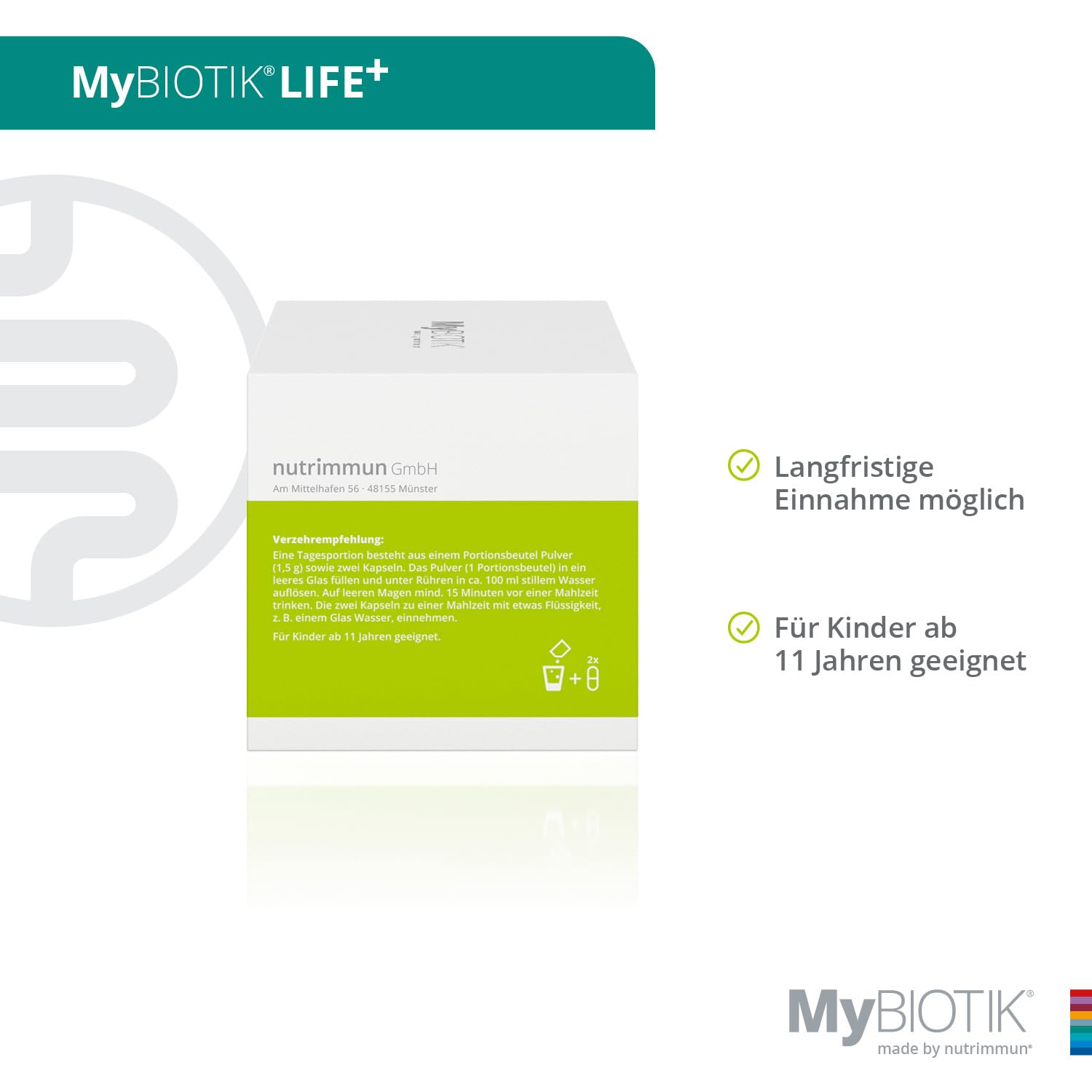 MyBIOTIK®LIFE+ I nutrimmun I 30 Tage I Bakterienkulturen B. longum R0175+L. helveticus R0052 I B-Vit. I Vit. D I Magnesium I Zink I Pulver+Kaps. I Vegetarisch I Glutenfrei I Laktosefrei I Laborgeprüft