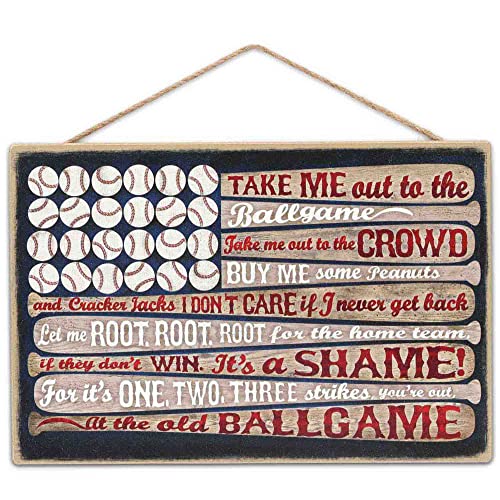 Image of Take Me Out To the Ballgame Flag Hanging Wood Wall Decor - Vintage Americana Baseball Sign for Man Cave or Kids' Bedroom