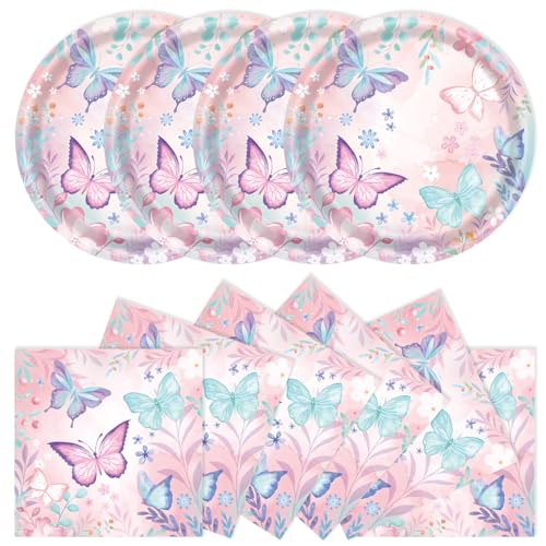 40Pcs Butterfly Plates and Napkins Party Supplies Disposable Butterfly Birthday Party Paper Plates Napkins Tableware Set for Girl Butterfly Baby Shower Birthday Decorations (Butterfly)