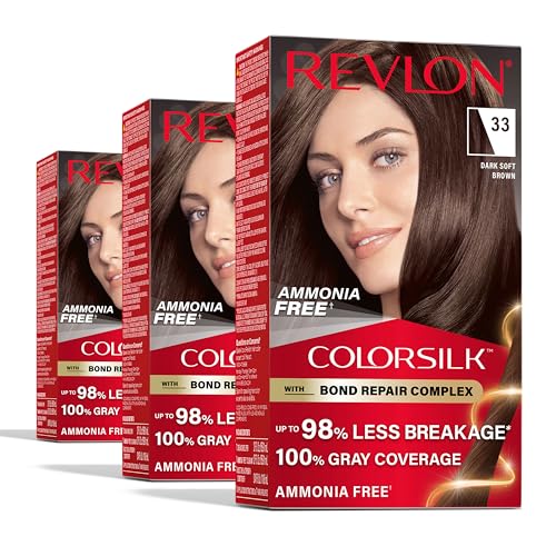 Revlon ColorSilk with Bond Repair Complex, Brown Permanent Hair Color, 100% Gray Coverage, Ammonia Free Hair Dye, Vegan Keratin, 33 Dark Soft Brown (Pack of 3)