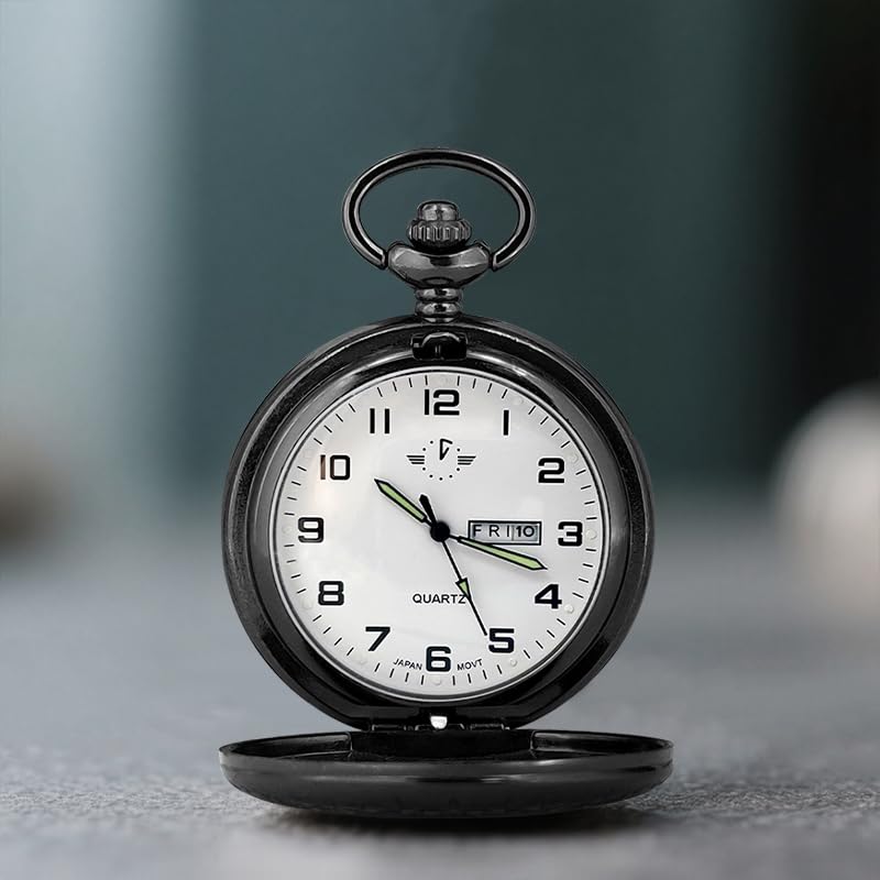 Image of BOSHIYA Smooth Quartz Pocket Watches for Men Classic Arabic Digital Luminous Dial & Day Date Pocket Watch with Chain Christmas Graduation Birthday Gifts