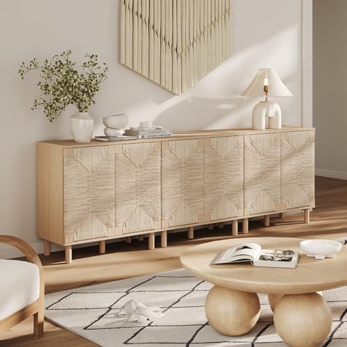 Image of Nathan James Beacon Boho Accent Cabinet with Doors, Free Standing Kitchen Cabinet Storage with Adjustable Interior Shelf and Seagrass Accent, Seagrass /Raw Oak