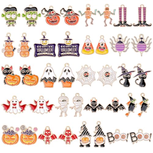 MARFOREVER 40 Pcs/20 Pairs Halloween Charms Enamel Halloween Charms Bulk Pumpkin Bat Skeleton Witch Spider Candy Charm Pendants for Jewelry Bracelet Necklace Making