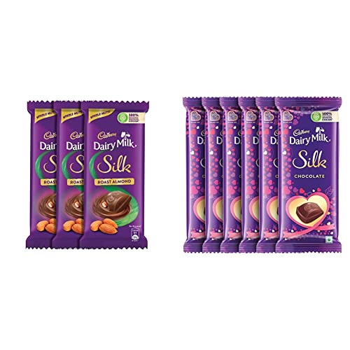 Image of Cadbury Dairy Milk Silk Roasted Almonds Chocolate Bar, 143g (Pack of 3) & Cadbury Dairy Milk Silk Valentine Chocolate Bar, 5 x 60 g
