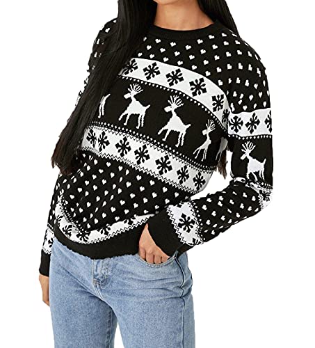 Crazy Fashion Knitted Christmas Jumpers for Women Ladies Plus Size Reindeer Round Neck Long Sleeve Xmas Snowflake Casual Winter Sweater Chunky Jumper Top UK 8-22 (Black, 10)
