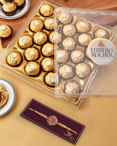 Image of HYPERFOODS Rakhi With Chocolates Rakhi For Brother Chocolates Gift Pack Hamper Chocolates Gift Pack Chocolates With Rakhi Single Rakhi For Brother Ferrero Rocher Pack Of 24 Red Flower Rakhi Set,300 G