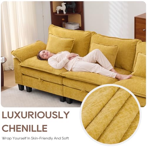 Image of IPKIG 151 inch Modular Cloud Couch with Storage, U Shaped Sectional Sofa with Ottoman & Pillow, Chenille Deep Seat Sectional Couches for Living Room, Apartment, Yellow