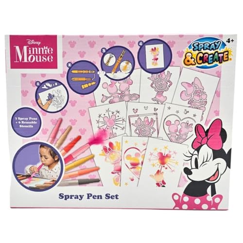 Minnie Mouse Kit de dessin avec aérographe et pochoirs, Spray & Create, 7 feutres + 6 pochoirs réutilisables, jouets créatifs pour enfants à partir de 4 ans