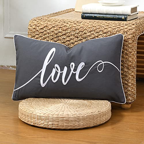 Sanmetex Decorative Throw Pillow Covers 12X20 Inches, Embroidery Love Decro Soft Cotton Lumbar Pillowcase, Dark Gray Rectangular Pillow Cover For Bed, Bedroom, Pack Of 1. #TOP6