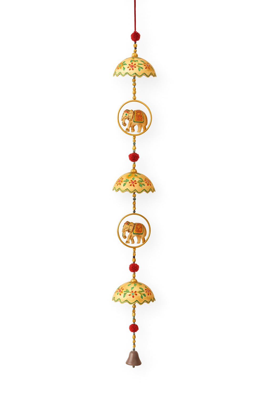 decorative hanging wind chime with elephant design, traditional indian style, gold and red, 3-tier