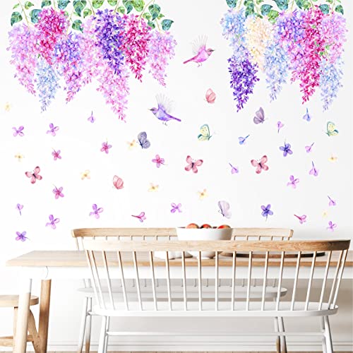 Hanging Flower Wall Decals Watercolor Flower Vine Stickers Peel and Stick Removable Purple Pink Floral Wall Stickers for Girls Bedroom Nursery Living Room Decor - Image 3