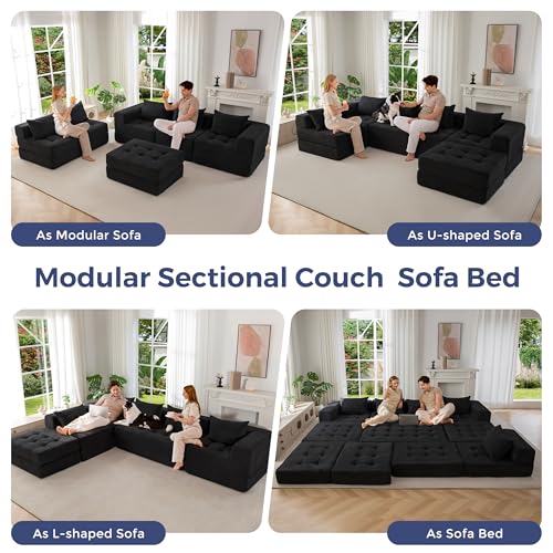 Image of MAXYOYO Modular Sectional Sofa Couch, Foldable U Shaped Cloud Couch with Pillows, Tufted 6-Seat Boneless Sofa Lounger for Living Room, No Assembly Required, Black
