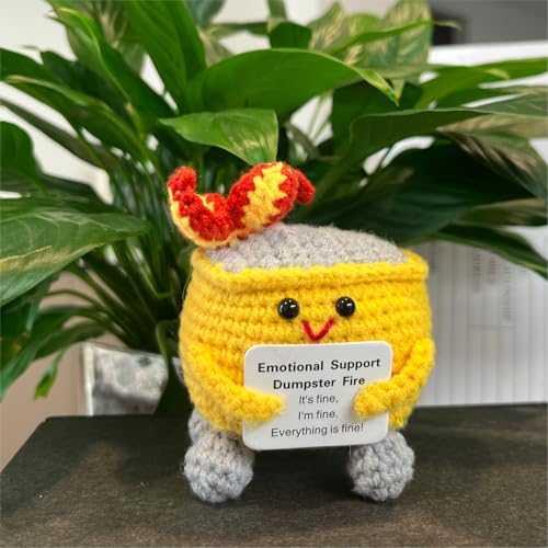 Image of Emotional Support Dumpster Fire - Positive Crochet Birthday Easter Basket Stuffers Essentials Gift for Women Men Girls Coworker Friend, Handmade Knitted Doll for Home Office Accessories Decor (Yellow)