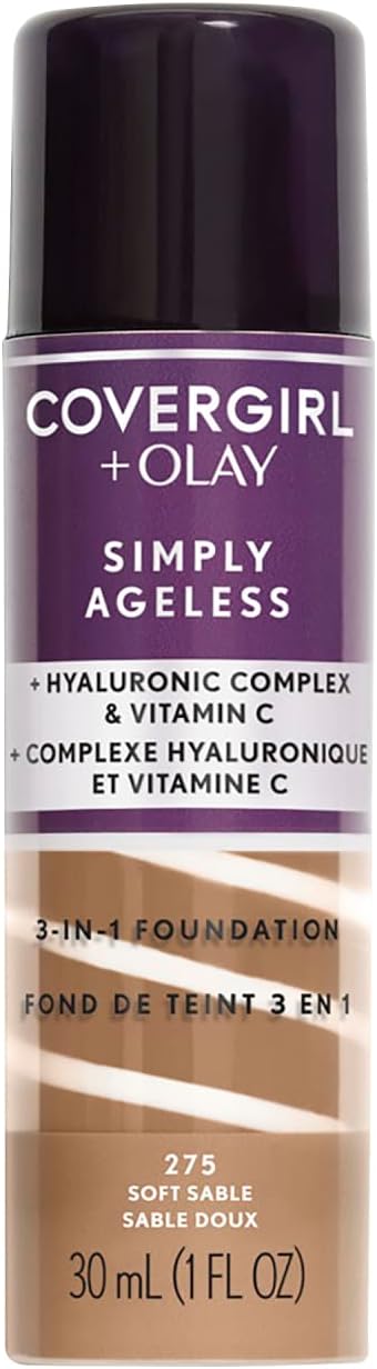 COVERGIRL & Olay Simply Ageless 3-in-1 Liquid Foundation, Matte Finish, Hyaluronic & Vitamin C Formula, 275 Soft Sable, 1 Count