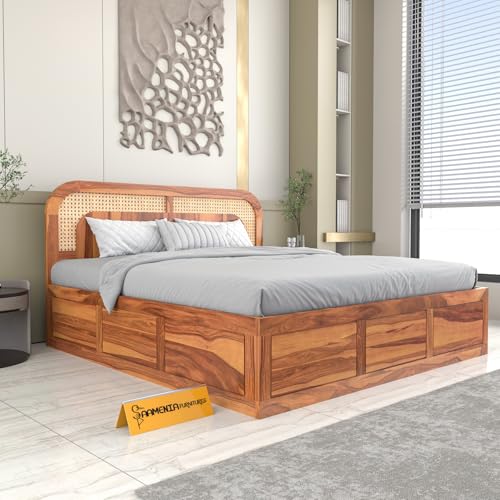 Image of Sheesham Wood Cane Bed with Box Storage for Bedroom | King Size Wooden Double Bed Palang with Curved Rattan Headboard (Honey Finish)
