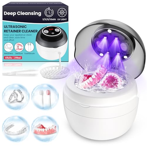 Image of Ultrasonic Retainer Cleaner Machine, Denture Cleaner for Mouth Guard, Night Guard, Aligner, Dentures, Jewelry, Toothbrush Heads, 45kHz 250ML UV Ultrasonic Denture Ultra Sonic Cleaning for Retainers