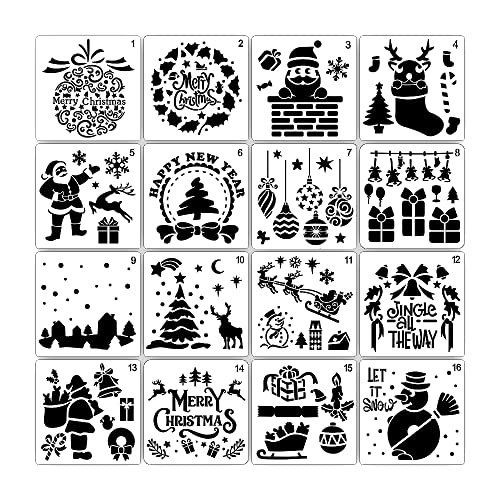 Homo Trends 16PCS Weihnachtsschablonen Fensterschablonen Kunststoffschablonen Weihnachtshandwerk Schablonen für Kunsthandwerk DIY Kartenmalerei Handwerk, Fensterdekoration, Schneespray Cover