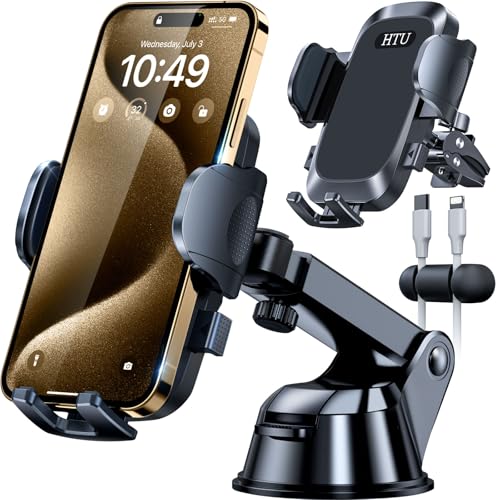 HTU [Strongest Shockproof] Cell Phone Holder Car [Upgraded 5-in-1] Dashboard Phone Holder, Universal Handfree Silicone Windshield Dashboard Vent Truck Stand for iPhone 15 14 13 12 Android, Dark Black