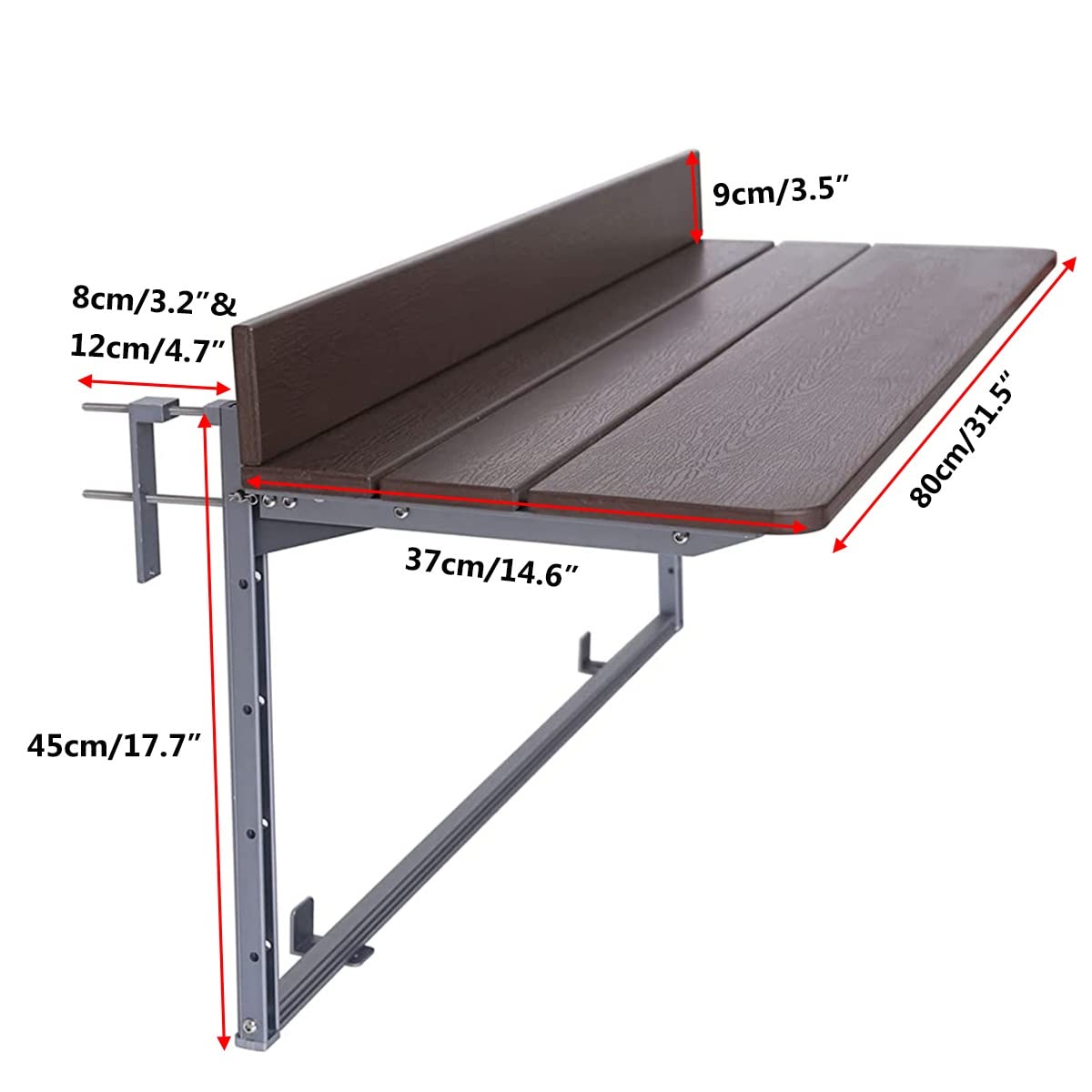 Mesa de Balcón Colgante Plegable - 5 Alturas Ajustables, para Café, Exterior, Jardín, Terraza - Resistente al Clima, Estable, Perfil de Aluminio