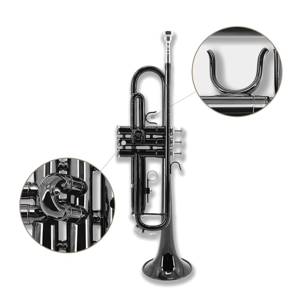 Set di tromba standard in Sib per principianti, tromba da studente, strumento per tromba in ottone, si bemolle, con bocchino 7C, panno per la pulizia, guanti e custodia rigida (nero)