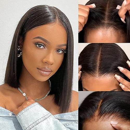 Wear and Go Glueless Bob Wigs Human Hair Pre Plucked Natural Hairline Straight Short Bob Wig 180 Density 4x4 HD Lace Closure Wig Human Hair for Women Brazilian Virgin Hair Natural Black 12 Inch