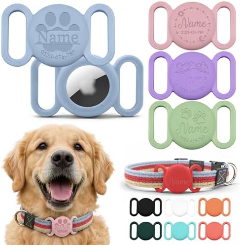 Personalized Dog Collar GPS Tracker Case, Tag Holder with Name & Phone Number, Custom Silicone Tag Case for Dog Collar, Customized Pet Tag Cover, Waterproof, 12 Colors