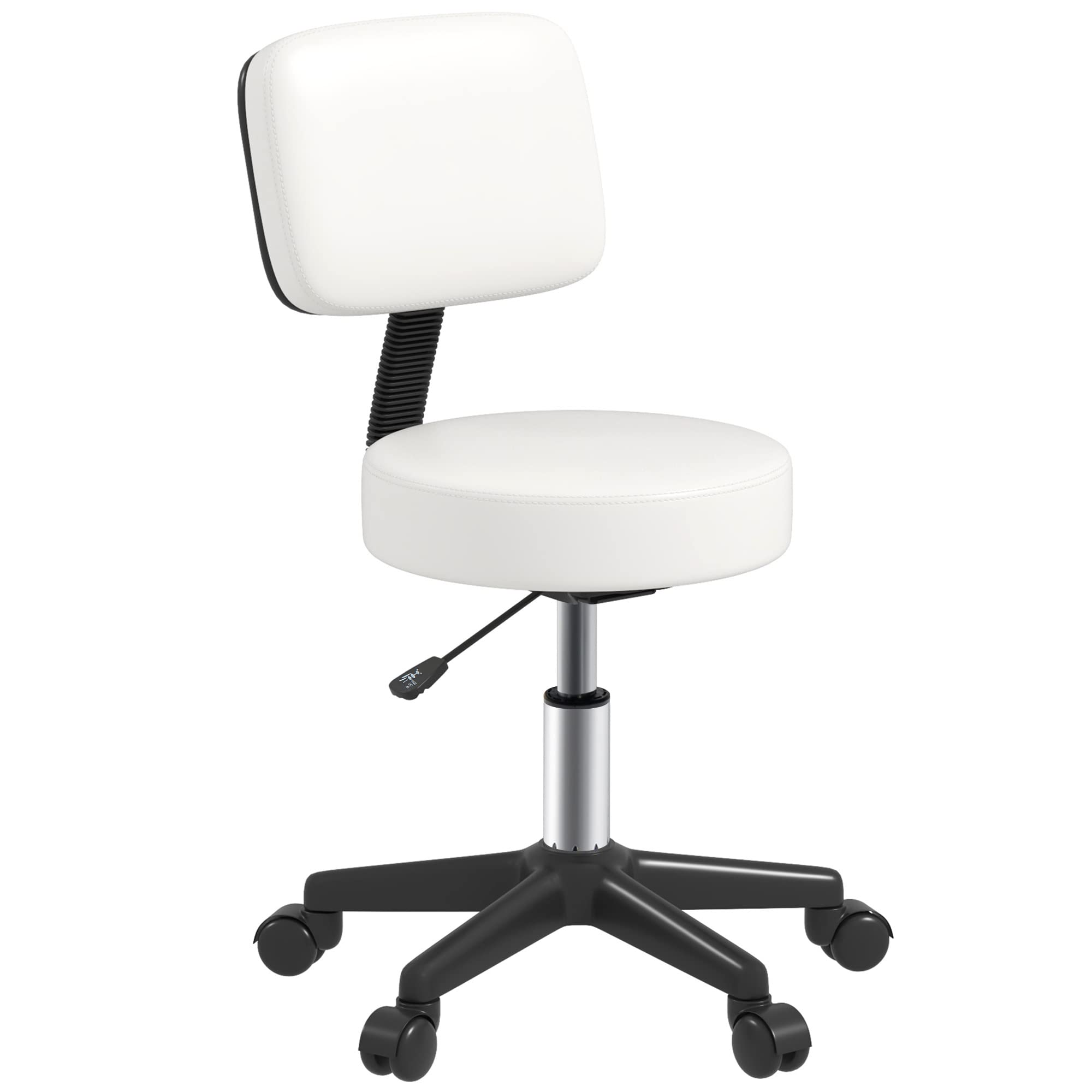 HOMCOM Beautician's Swivel Salon Chair w/Padded Seat Back 5 Wheels Adjustable Height Salon Hairdressers Tattoo Spa Rolling Cushion Professional 48cm White