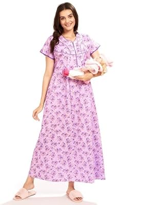 AV2 Women's Printed Feeding/Nursing/Maternity Nighty Purple - Cotton, Maxi, Small