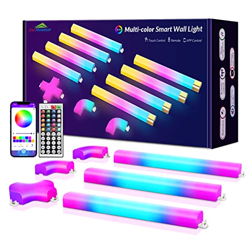 SurMountor Smart Glide RGB LED Wall Lights, Color Changing Wall Sconces Music Sync with Smart APP and Remote Control, Modern LED Light Bars for Gaming Room Decor and Streaming 8 Pcs + 3 Corner