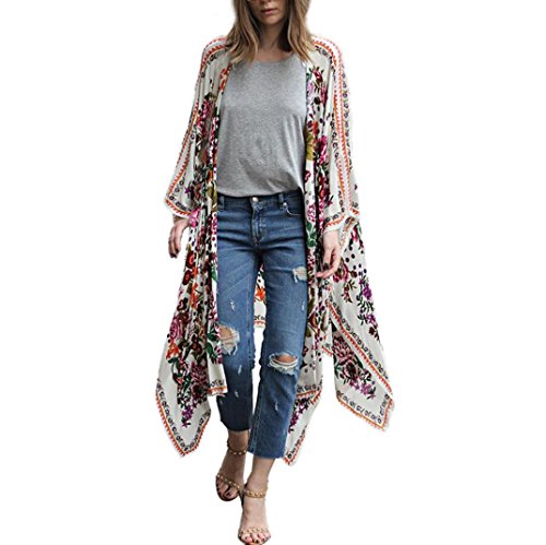 Gillberry Women Floral Print Chiffon Loose Shawl Kimono Cardigan Cover up Shirt (M, White)