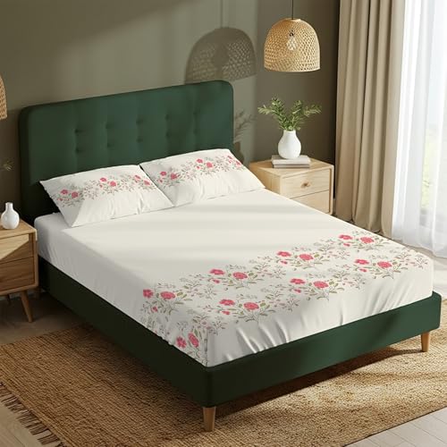Image of Urban Space Serene 100% Cotton Bedsheet for Double Bed, Floral Queen Size Bed Sheet with 2 Pillow Covers (88 x 100 Inches, Poppy Bloom)