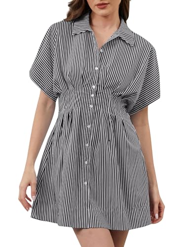 Dsewpaur Vestido camisero plisado con botones frontales para mujer, de verano, casual, manga corta, plisado, vestido corto, Franjas negras, Large