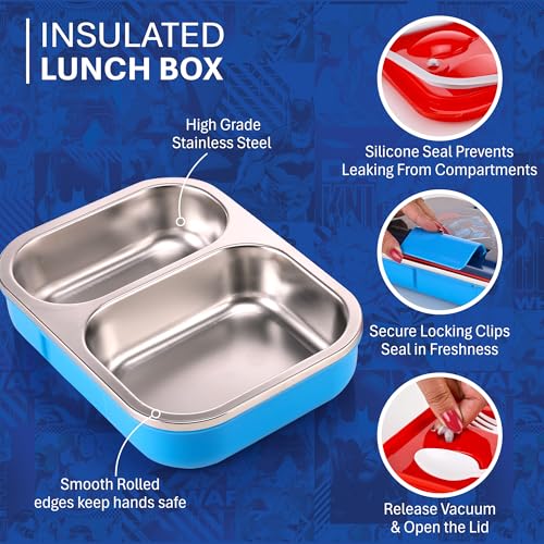 Image of Nayasa Marco Super Man Print 2 Compartment Stainless Steel Insulated Lunch Box for Kids | Vacuum Sealed Leak Proof Tiffin Box | 650 ml | Blue & Dark Blue