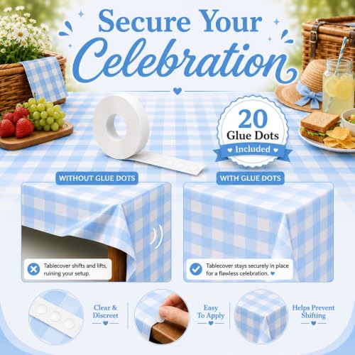 Image of Blue Orchards Light Blue Gingham Table Cover (Pack of 3 with 20 Glue dots) - 54 inchx108 inch XL - Light Blue and White Checkered Picnic Tablecloth, Baby Shower Decoration, Outdoor Birthday Party Supplies