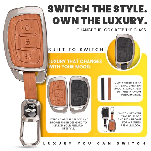Image of Car Key Cover Compatible with Hyundai i20, Creta, Venue, Tucson, Alcazar, Verna, Xcent, Aura, Elantra 3-Button Smart Key (2 in 1 Dual Leather Metal)
